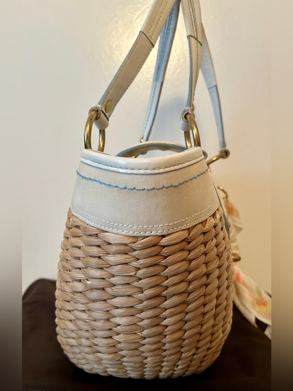 Coach Y2K wicker tote, with white trim and aqua blue stitch-ing. Purse Charm - Picture 4 of 10